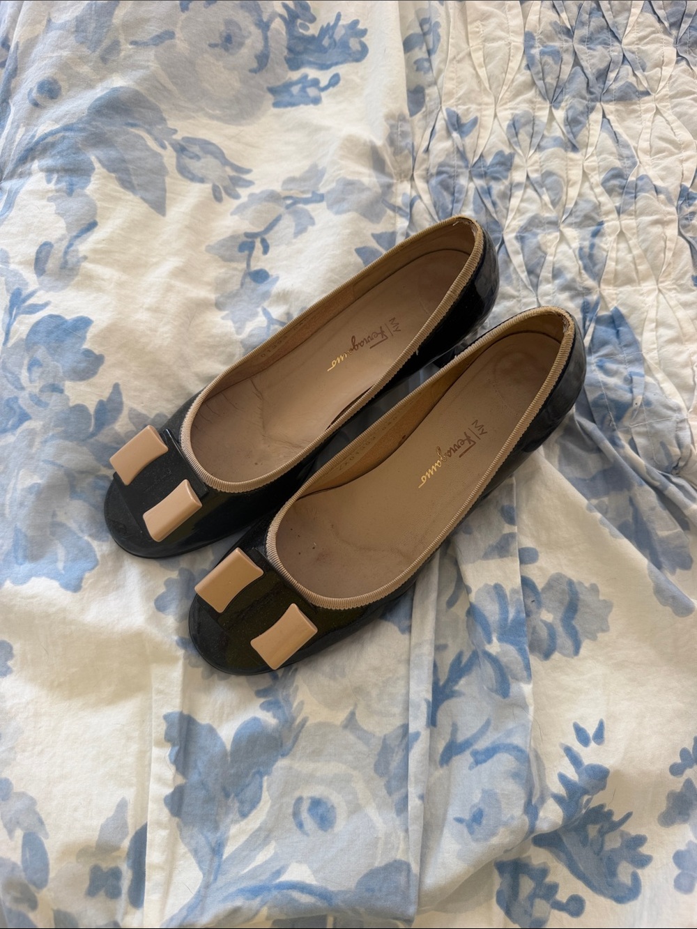 Salvatore Ferragamo Black Patent Ballet Flats with Nude Bow Accent